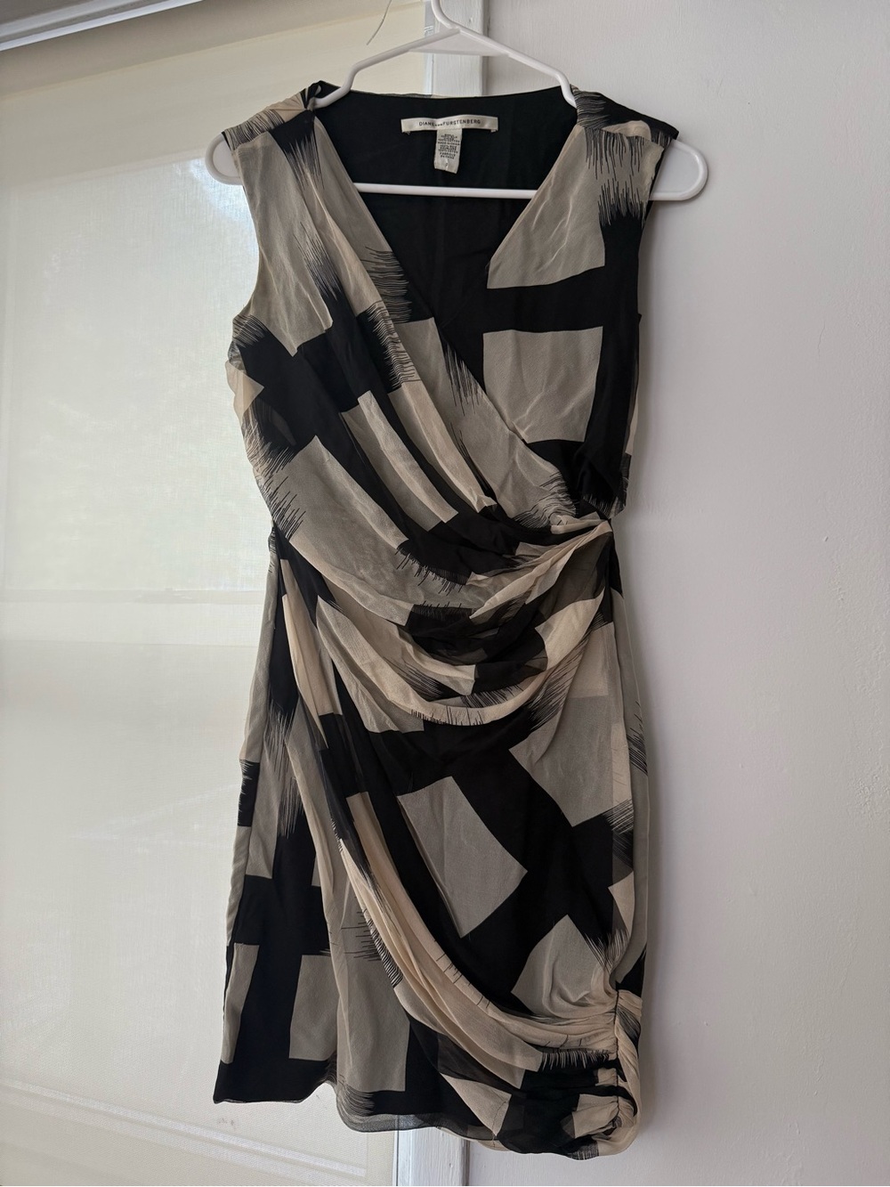 Diane Von Furstenberg Black and Cream Draped Wrap-Style Mini Dress